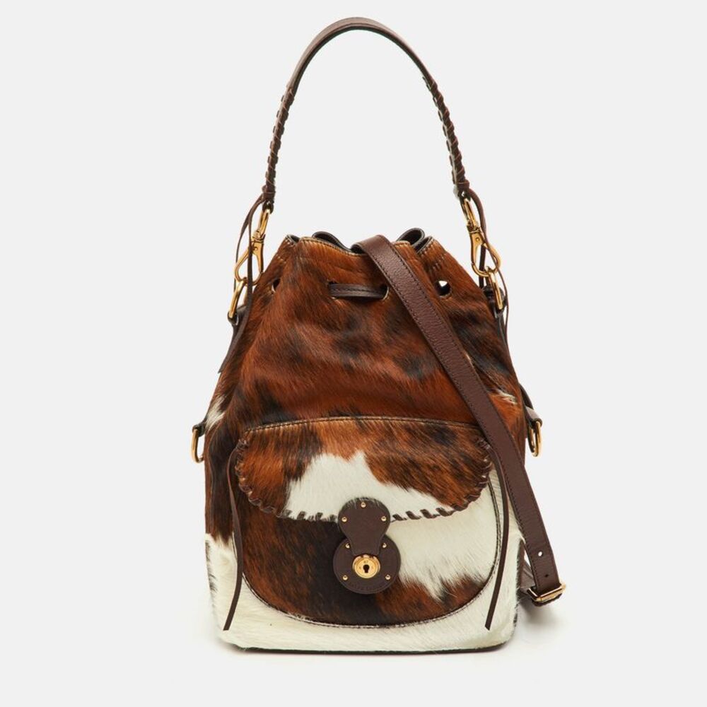 Ralph Lauren Ricky Brown Animal Print Calf Hair And Leather Drawstring Bucket - Picture 1 of 7